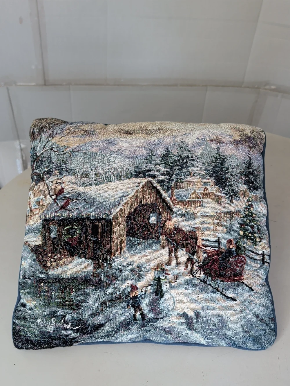 Nicky Boehme Covered Bridge Tapestry Holiday Pillow Horse Drawn SleighBlue Cream